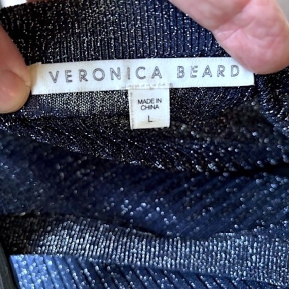 VERONICA BEARD Ume Blue Metallic Shimmer Short Sleeve Knit Top EUC/sz L - Picture 10 of 11